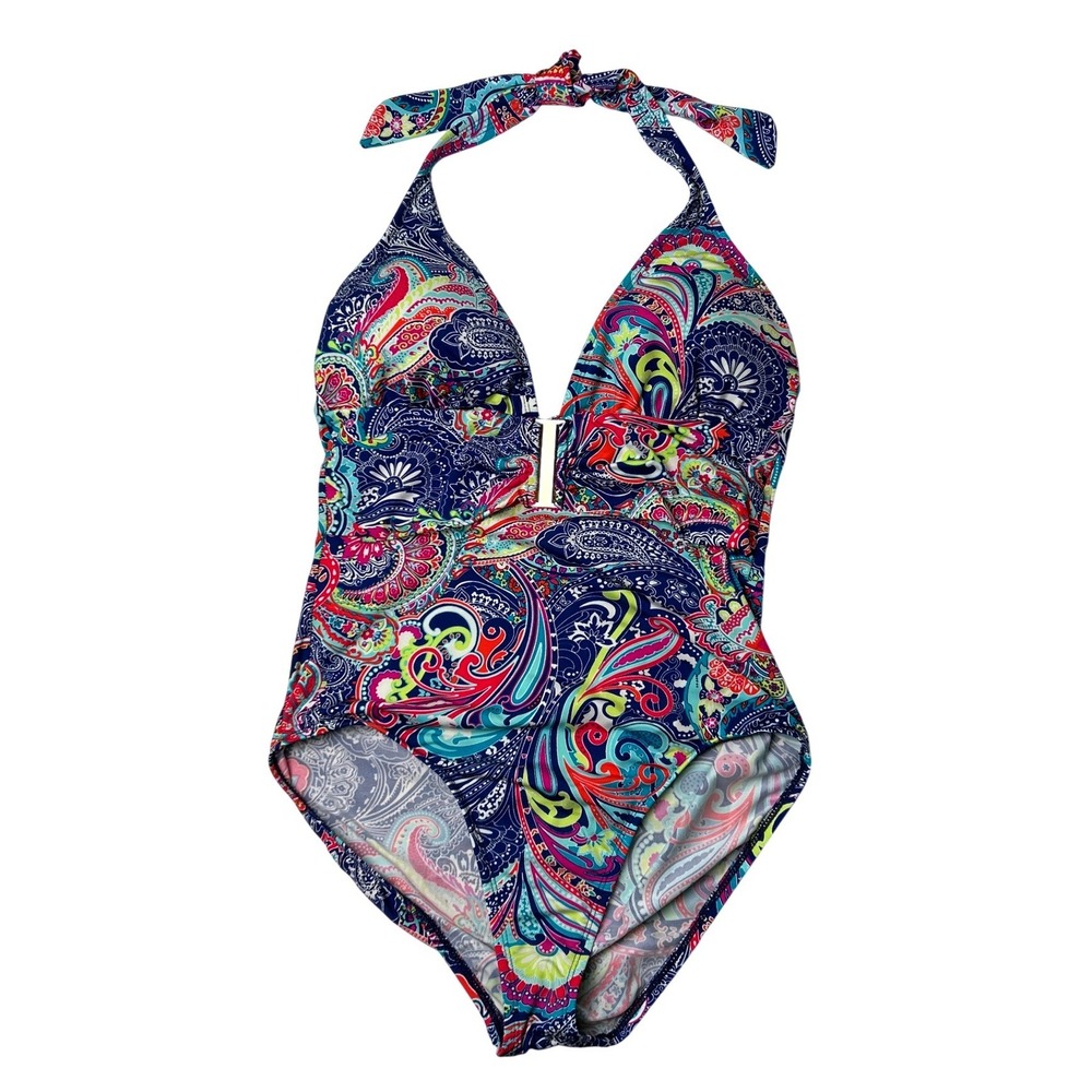 Liz Claiborne Womens Paisley Halter One Piece Swimsuit Size 12 Multicolor Beach